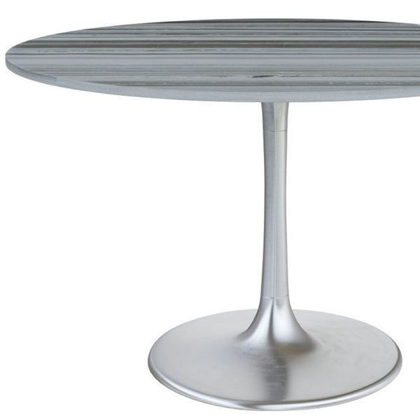 HomeRoots 48" Gray and Silver Marble Round Dining Table with Aluminum Pedestal Base for Modern Elegance 572238