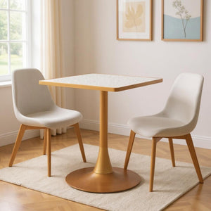 HomeRoots 24" Chic Beige and Gold Square Dining Table with Pedestal Base - Perfect for Small Spaces & Modern Homes 572239