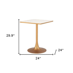 HomeRoots 24" Chic Beige and Gold Square Dining Table with Pedestal Base - Perfect for Small Spaces & Modern Homes 572239