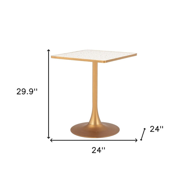 HomeRoots 24" Chic Beige and Gold Square Dining Table with Pedestal Base - Perfect for Small Spaces & Modern Homes 572239