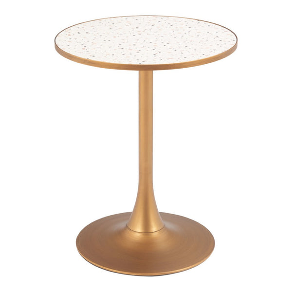 HomeRoots 24" Beige Faux-Terrazzo Round Dining Table with Gold Steel Base - Chic, Compact & Versatile Design 572240