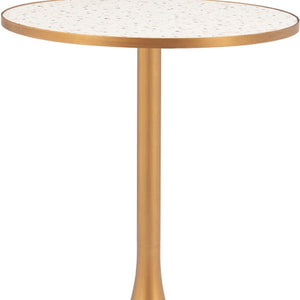 HomeRoots 24" Beige Faux-Terrazzo Round Dining Table with Gold Steel Base - Chic, Compact & Versatile Design 572240