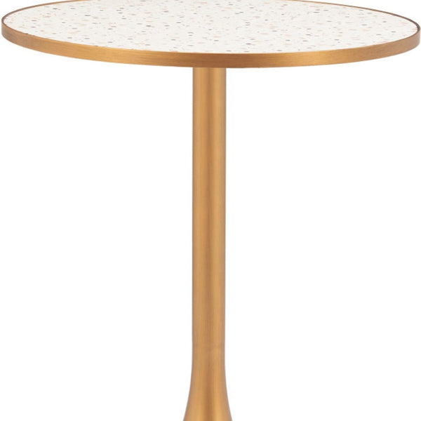HomeRoots 24" Beige Faux-Terrazzo Round Dining Table with Gold Steel Base - Chic, Compact & Versatile Design 572240