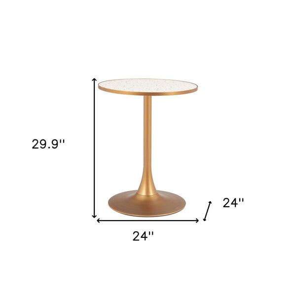 HomeRoots 24" Beige Faux-Terrazzo Round Dining Table with Gold Steel Base - Chic, Compact & Versatile Design 572240