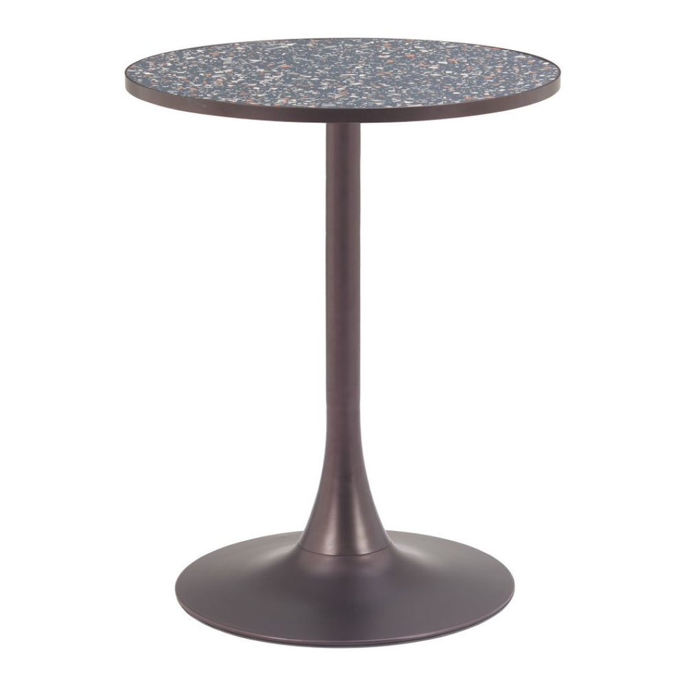 HomeRoots 24" Modern Industrial Round Dining Table with Black Faux-Terrazzo Top & Bronze Steel Base, Seats 2 572241