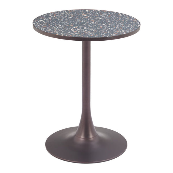 HomeRoots 24" Modern Industrial Round Dining Table with Black Faux-Terrazzo Top & Bronze Steel Base, Seats 2 572241