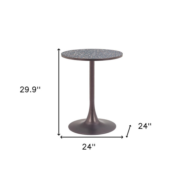 HomeRoots 24" Modern Industrial Round Dining Table with Black Faux-Terrazzo Top & Bronze Steel Base, Seats 2 572241