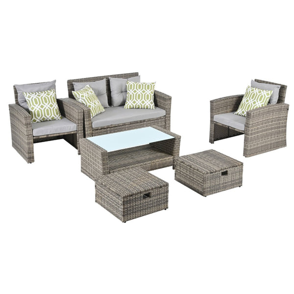 English Elm Patio 6-Piece Pe Wicker Furniture Set With Glass Coffee Table - Stylish Outdoor Seating For Any Space W1703S00020-GIGA