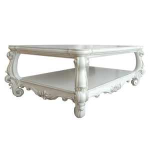 Homeroots 57" White Wood Ornate Coffee Table With Shelf - Chic Design For Stylish Storage & Home Decor!   572270