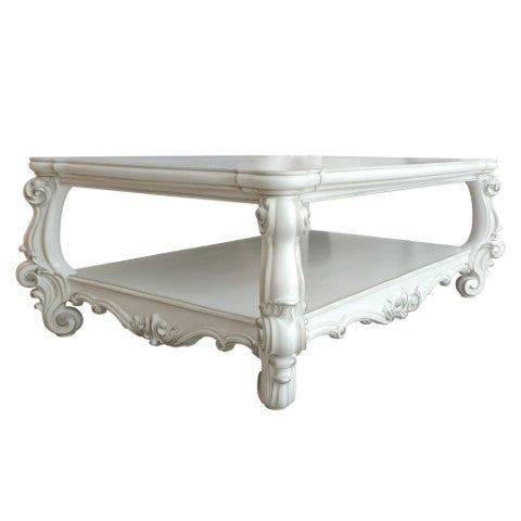 Homeroots 57" White Wood Ornate Coffee Table With Shelf - Chic Design For Stylish Storage & Home Decor!   572270