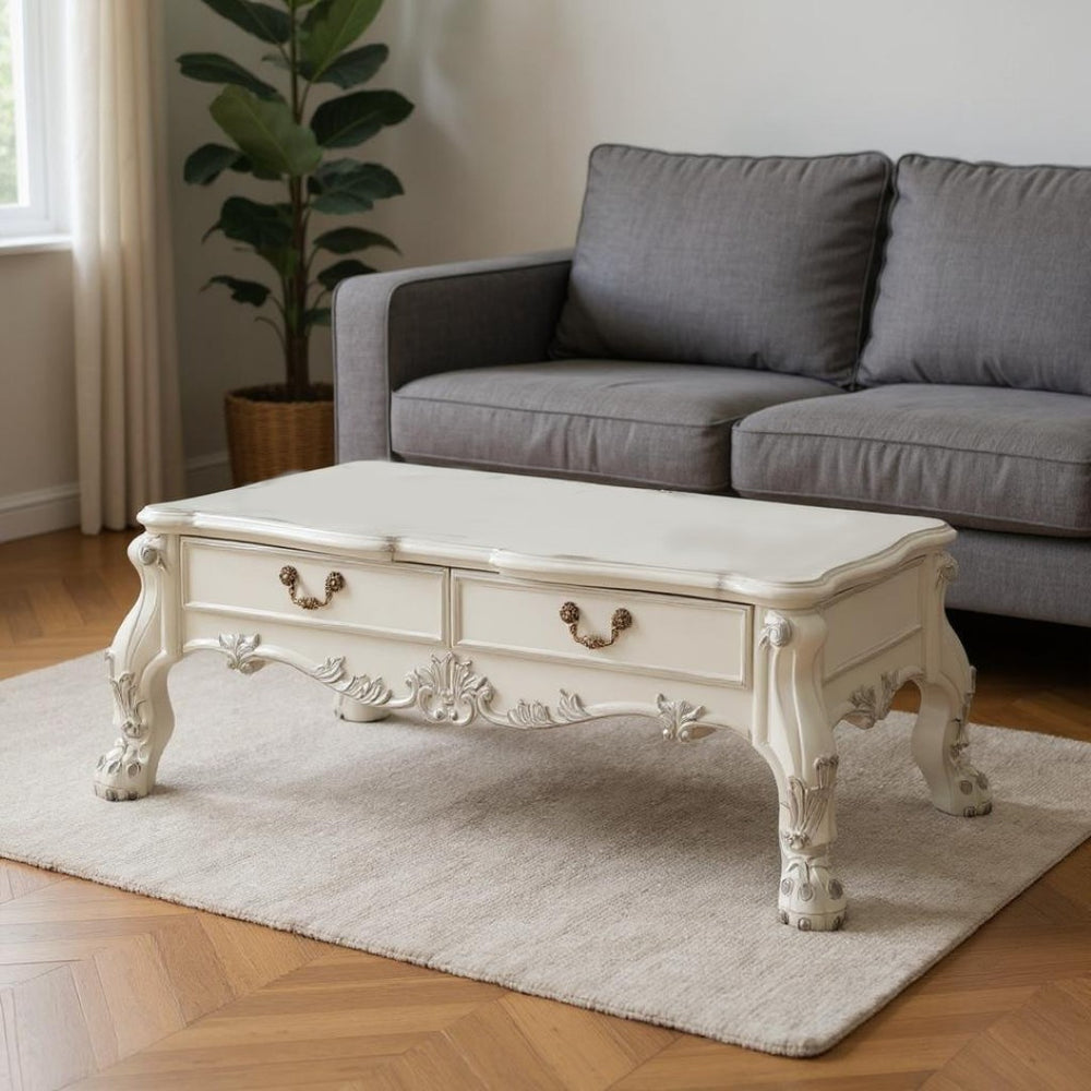 HomeRoots 57" Bone Wood Coffee Table – Elegant Carved Design with Hidden Drawers for Stylish Storage Solutions 572271
