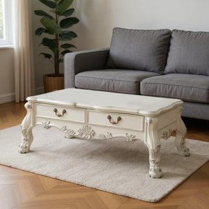 HomeRoots 57" Bone Wood Coffee Table – Elegant Carved Design with Hidden Drawers for Stylish Storage Solutions 572271