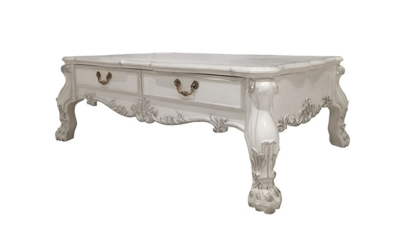HomeRoots 57" Bone Wood Coffee Table – Elegant Carved Design with Hidden Drawers for Stylish Storage Solutions 572271
