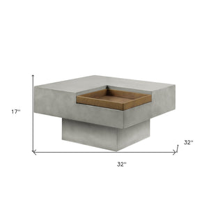 HomeRoots 32" Gray Cement Square Pedestal Coffee Table – Rustic Modern Design with Unique Tray Top & Durability 572274