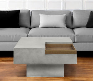 HomeRoots 32" Gray Cement Square Pedestal Coffee Table – Rustic Modern Design with Unique Tray Top & Durability 572274