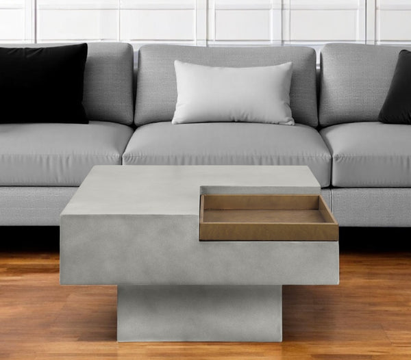 HomeRoots 32" Gray Cement Square Pedestal Coffee Table – Rustic Modern Design with Unique Tray Top & Durability 572274