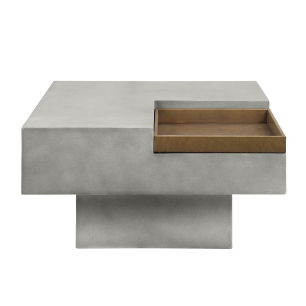 HomeRoots 32" Gray Cement Square Pedestal Coffee Table – Rustic Modern Design with Unique Tray Top & Durability 572274