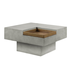 HomeRoots 32" Gray Cement Square Pedestal Coffee Table – Rustic Modern Design with Unique Tray Top & Durability 572274