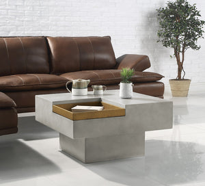 HomeRoots 32" Gray Cement Square Pedestal Coffee Table – Rustic Modern Design with Unique Tray Top & Durability 572274