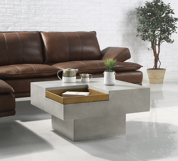 HomeRoots 32" Gray Cement Square Pedestal Coffee Table – Rustic Modern Design with Unique Tray Top & Durability 572274