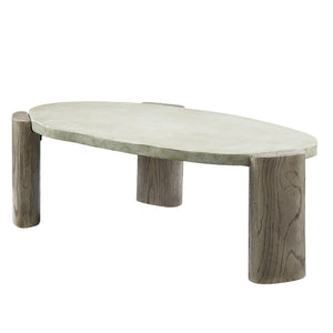 HomeRoots 47" Rustic Oval Cement Coffee Table with Distressed Beige Top & Warm Oak Legs for Modern Living Spaces 572275