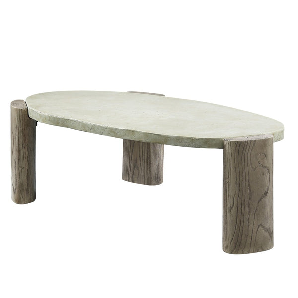 HomeRoots 47" Rustic Oval Cement Coffee Table with Distressed Beige Top & Warm Oak Legs for Modern Living Spaces 572275