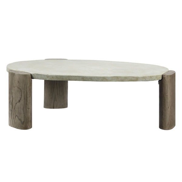 HomeRoots 47" Rustic Oval Cement Coffee Table with Distressed Beige Top & Warm Oak Legs for Modern Living Spaces 572275