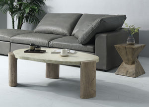 HomeRoots 47" Rustic Oval Cement Coffee Table with Distressed Beige Top & Warm Oak Legs for Modern Living Spaces 572275