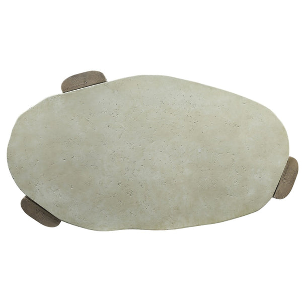 HomeRoots 47" Rustic Oval Cement Coffee Table with Distressed Beige Top & Warm Oak Legs for Modern Living Spaces 572275