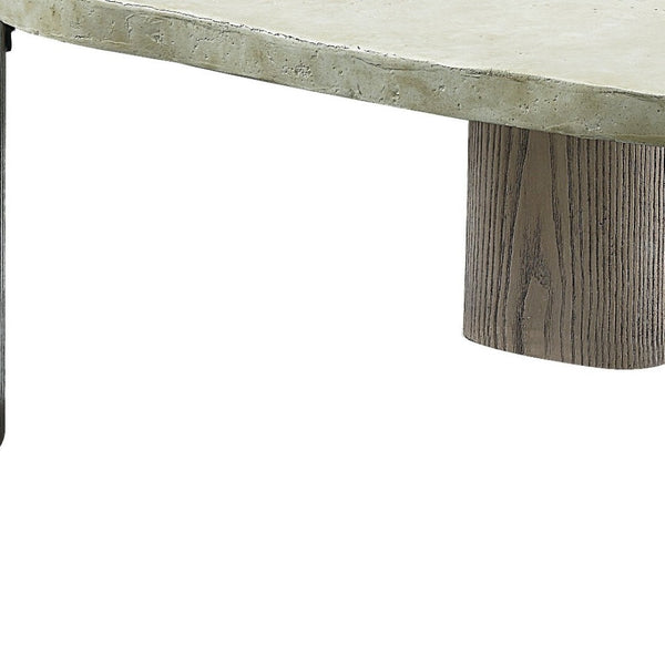 HomeRoots 47" Rustic Oval Cement Coffee Table with Distressed Beige Top & Warm Oak Legs for Modern Living Spaces 572275