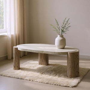 HomeRoots 47" Rustic Oval Cement Coffee Table with Distressed Beige Top & Warm Oak Legs for Modern Living Spaces 572275