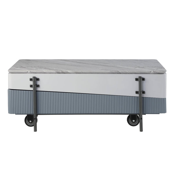 HomeRoots 47" Contemporary Gray, White & Black Faux Marble Lift-Top Coffee Table with Storage & Wheels 572276