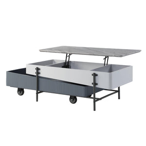HomeRoots 47" Contemporary Gray, White & Black Faux Marble Lift-Top Coffee Table with Storage & Wheels 572276