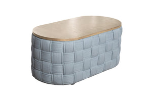 HomeRoots 41" Stylish Oval Coffee Table with Natural Wood Top and Bold Blue Woven Chenille Base, No Assembly 572277