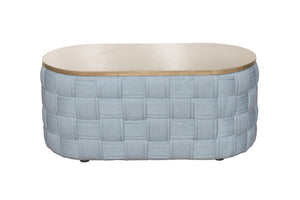 HomeRoots 41" Stylish Oval Coffee Table with Natural Wood Top and Bold Blue Woven Chenille Base, No Assembly 572277