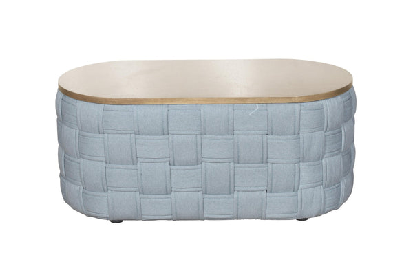 HomeRoots 41" Stylish Oval Coffee Table with Natural Wood Top and Bold Blue Woven Chenille Base, No Assembly 572277