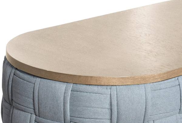 HomeRoots 41" Stylish Oval Coffee Table with Natural Wood Top and Bold Blue Woven Chenille Base, No Assembly 572277