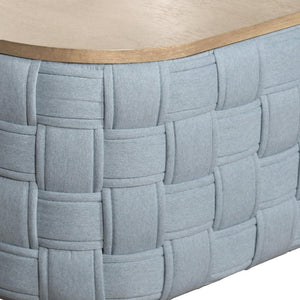 HomeRoots 41" Stylish Oval Coffee Table with Natural Wood Top and Bold Blue Woven Chenille Base, No Assembly 572277