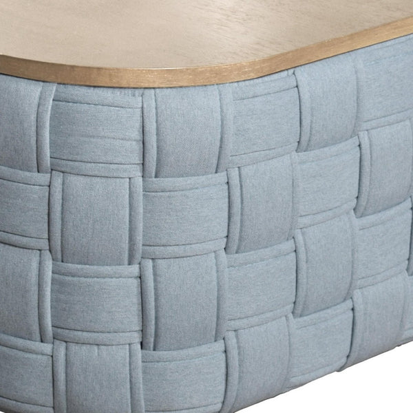 HomeRoots 41" Stylish Oval Coffee Table with Natural Wood Top and Bold Blue Woven Chenille Base, No Assembly 572277