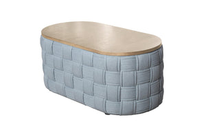 HomeRoots 41" Stylish Oval Coffee Table with Natural Wood Top and Bold Blue Woven Chenille Base, No Assembly 572277