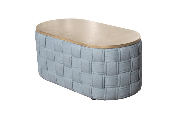HomeRoots 41" Stylish Oval Coffee Table with Natural Wood Top and Bold Blue Woven Chenille Base, No Assembly 572277