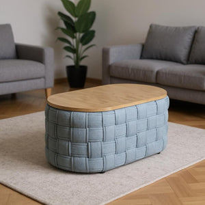 HomeRoots 41" Stylish Oval Coffee Table with Natural Wood Top and Bold Blue Woven Chenille Base, No Assembly 572277