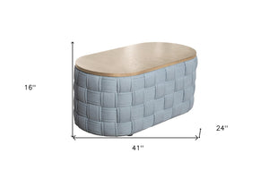 HomeRoots 41" Stylish Oval Coffee Table with Natural Wood Top and Bold Blue Woven Chenille Base, No Assembly 572277