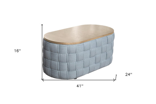 HomeRoots 41" Stylish Oval Coffee Table with Natural Wood Top and Bold Blue Woven Chenille Base, No Assembly 572277