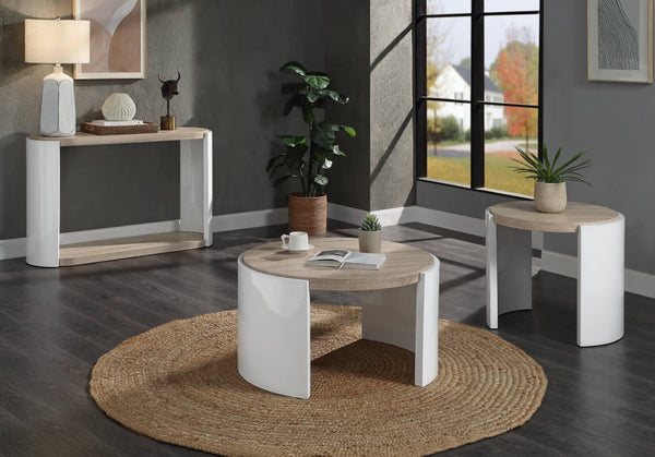 HomeRoots 33" Oak and White Round Partial Frame Coffee Table - Modern, Durable, Versatile Design for Any Room 572278