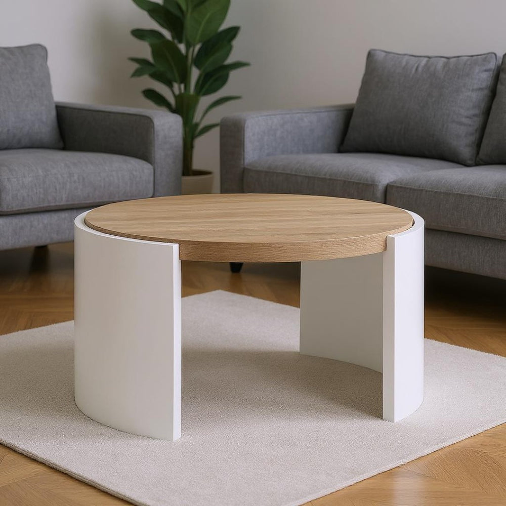 HomeRoots 33" Oak and White Round Partial Frame Coffee Table - Modern, Durable, Versatile Design for Any Room 572278