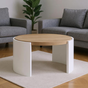 HomeRoots 33" Oak and White Round Partial Frame Coffee Table - Modern, Durable, Versatile Design for Any Room 572278