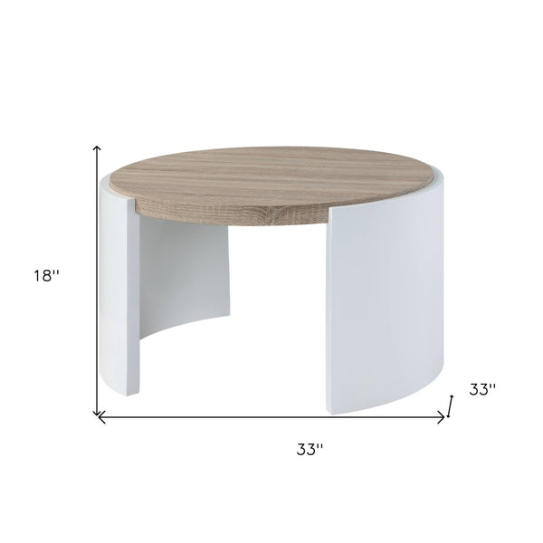 HomeRoots 33" Oak and White Round Partial Frame Coffee Table - Modern, Durable, Versatile Design for Any Room 572278