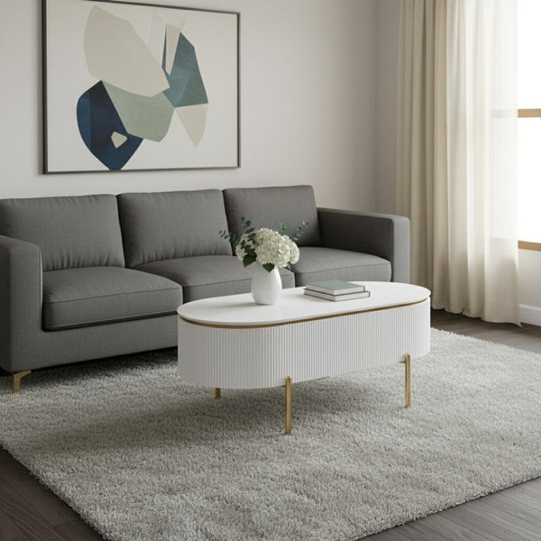 HomeRoots 47" White and Gold Oval Coffee Table with Drawer - Stylish Storage Solution for Modern Living Spaces 572279