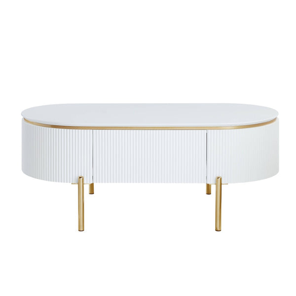 HomeRoots 47" White and Gold Oval Coffee Table with Drawer - Stylish Storage Solution for Modern Living Spaces 572279